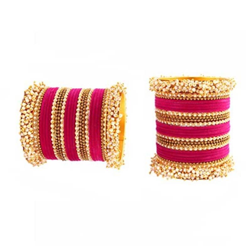 52 Pieces Magenta Velvet Coated Crystal and Pearl Cluster Bangle Set