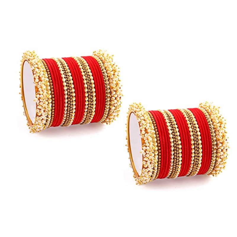 52 Pieces Red Velvet Coated Crystal and Pearl Cluster Bangle Set