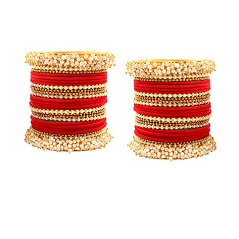 52 Pieces Red Velvet Coated Crystal and Pearl Cluster Bangle Set