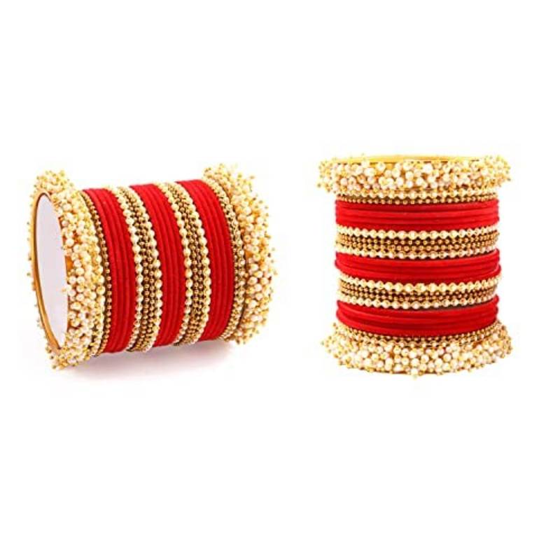 52 Pieces Red Velvet Coated Crystal and Pearl Cluster Bangle Set