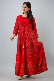 Embroidered Openfront Anarkali Kurta in Red