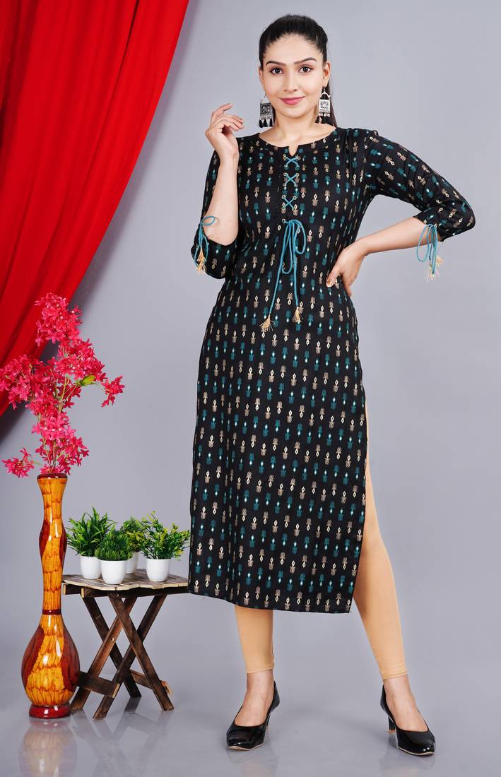 ftDiva Women Printed Straight Kurta in Black