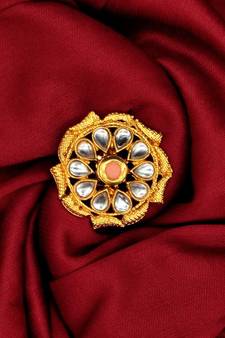 PEACH Color Gold Tone Clustered Pearls Circular Kundan Adjustable Finger Ring For Women FR_123_PH_70