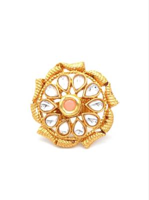 PEACH Color Gold Tone Clustered Pearls Circular Kundan Adjustable Finger Ring For Women FR_123_PH_70 2
