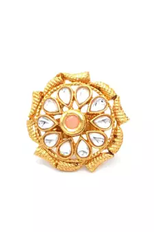 PEACH Color Gold Tone Clustered Pearls Circular Kundan Adjustable Finger Ring For Women FR_123_PH_70