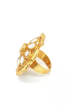 PEACH Color Gold Tone Clustered Pearls Circular Kundan Adjustable Finger Ring For Women FR_123_PH_70