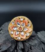  PEACH Color Gold Tone Clustered Pearls Circular Kundan Adjustable Finger Ring For Women FR_134_PH_70