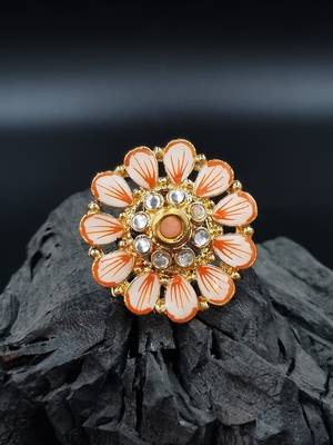PEACH Color Gold Tone Clustered Pearls Circular Kundan Adjustable Finger Ring For Women FR_135_PH_70 1