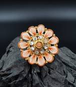 PEACH Color Gold Tone Clustered Pearls Circular Kundan Adjustable Finger Ring For Women FR_135_PH_70