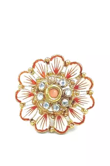 PEACH Color Gold Tone Clustered Pearls Circular Kundan Adjustable Finger Ring For Women FR_135_PH_70