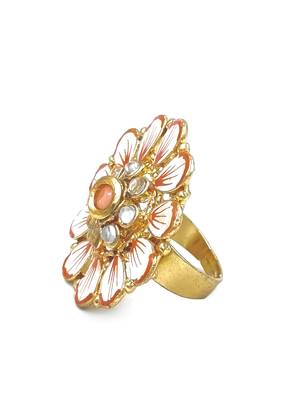 PEACH Color Gold Tone Clustered Pearls Circular Kundan Adjustable Finger Ring For Women FR_135_PH_70 3