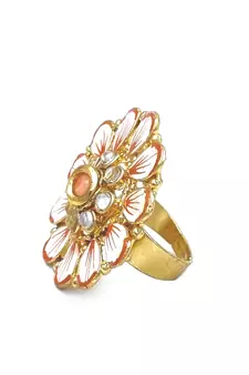 PEACH Color Gold Tone Clustered Pearls Circular Kundan Adjustable Finger Ring For Women FR_135_PH_70