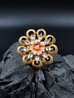  PEACH Color Gold Tone Clustered Pearls Circular Kundan Adjustable Finger Ring For Women FR_136_PH_70 1