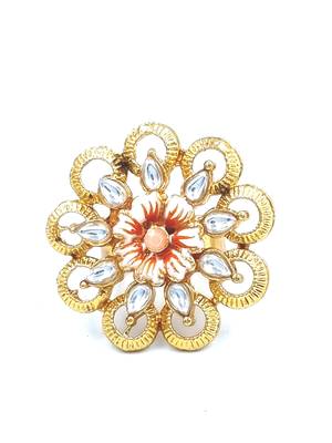  PEACH Color Gold Tone Clustered Pearls Circular Kundan Adjustable Finger Ring For Women FR_136_PH_70 2