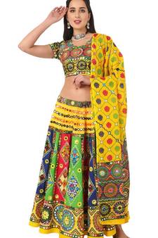Banjara India Cotton Long Flair Aari Embroidery Kutch Work (Lehenga Choli) Chaniya Choli Set with Dupatta-KAJU02