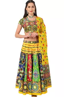 Banjara India Cotton Long Flair Aari Embroidery Kutch Work (Lehenga Choli) Chaniya Choli Set with Dupatta-KAJU02