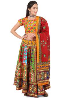 Banjara India Cotton Long Flair Aari Embroidery Kutch Work (Lehenga Choli) Chaniya Choli Set with Dupatta-Temple-01