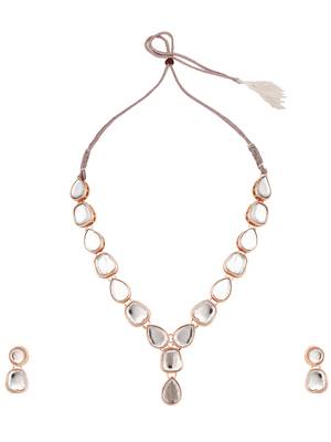 Contemporary Gold Plated Uncut Kundan Studded Necklace with Kundan Drop Earring Set for Girls and Women 1