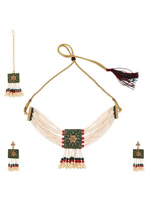 Statement Gold Plated Green Enameled Stone Studded with Pearl Layered and Multicolor Pearl Drop Choker set with Earring 1