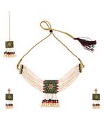 Statement Gold Plated Green Enameled Stone Studded with Pearl Layered and Multicolor Pearl Drop Choker set with Earring