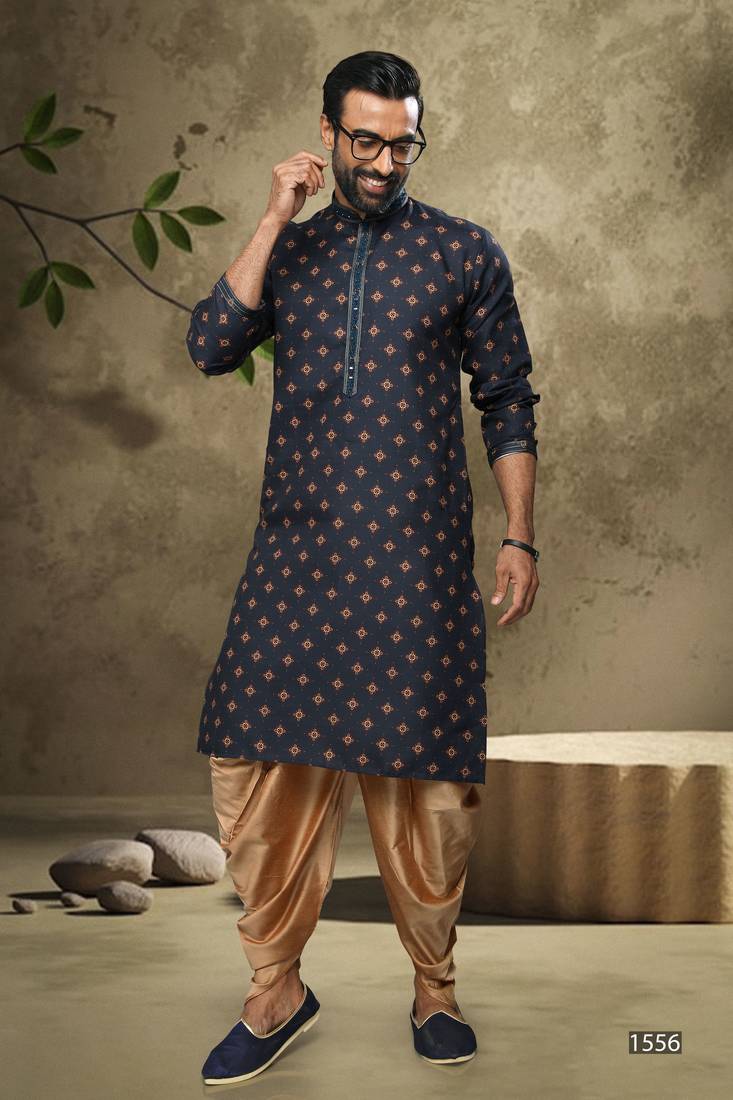 Blue embroidered silk dhoti-kurta