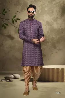 Purple embroidered silk dhoti-kurta