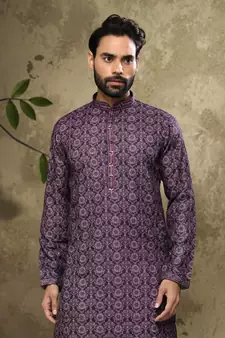 Purple embroidered silk dhoti-kurta