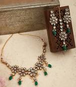 Statement Gold Plated Green Colored Kundan Studded Pearl Drop Necklace Set with Earring