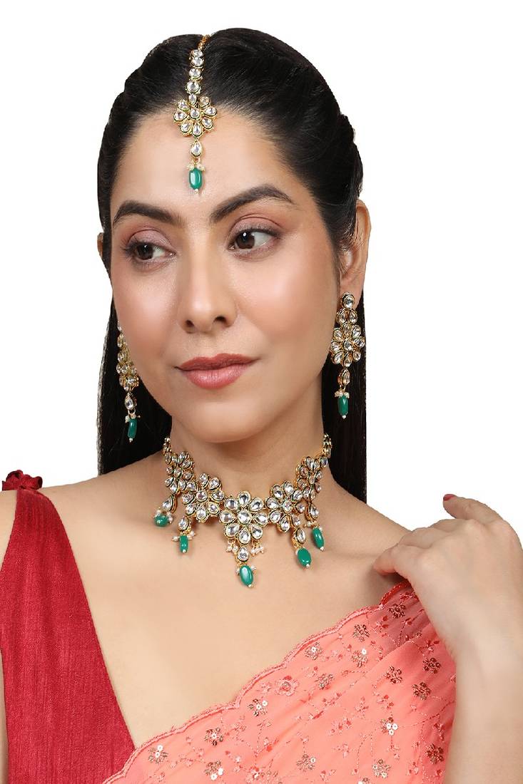 Statement Gold Plated Green Colored Kundan Studded Pearl Drop Necklace Set with Earring