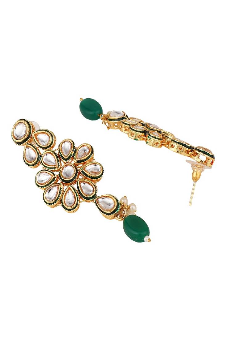 Statement Gold Plated Green Colored Kundan Studded Pearl Drop Necklace Set with Earring