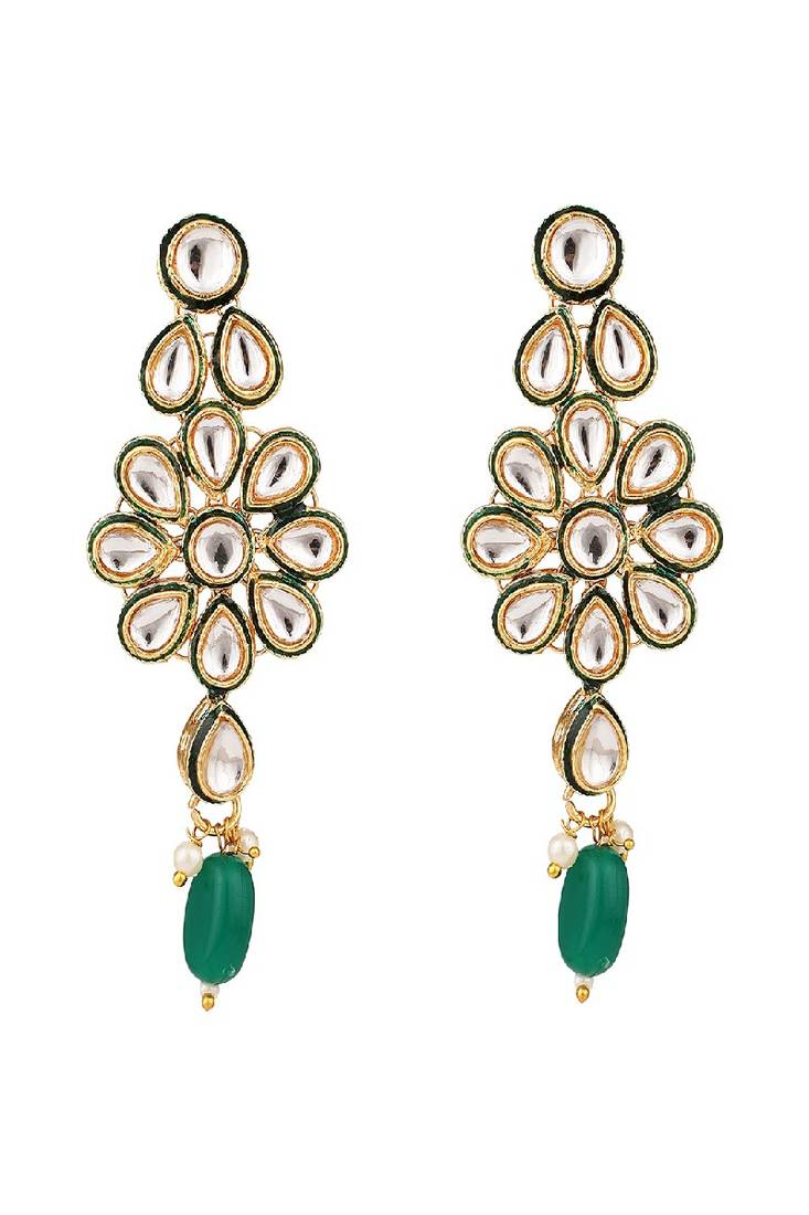 Statement Gold Plated Green Colored Kundan Studded Pearl Drop Necklace Set with Earring