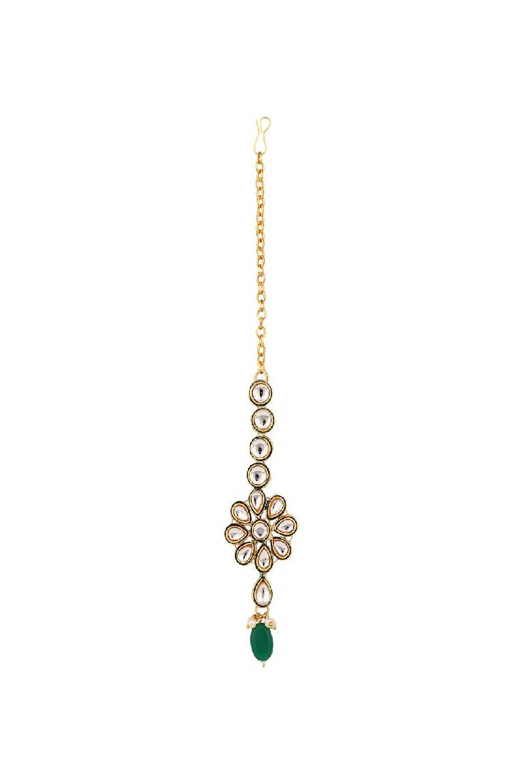 Statement Gold Plated Green Colored Kundan Studded Pearl Drop Necklace Set with Earring