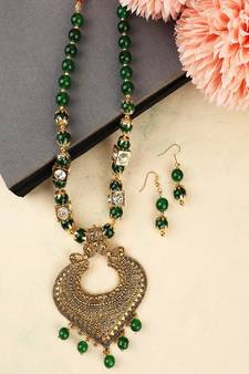 Contemporary Gold Plated Leaf Shaped Pendant and Earring Set studded with Beads for Girls and Women.