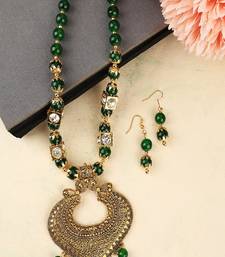 Contemporary Gold Plated Leaf Shaped Pendant and Earring Set studded with Beads for Girls and Women.