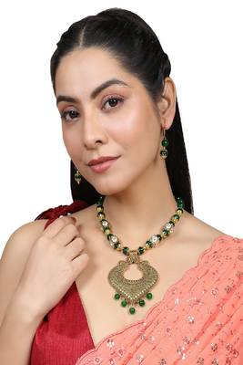 Contemporary Gold Plated Leaf Shaped Pendant and Earring Set studded with Beads for Girls and Women. 2
