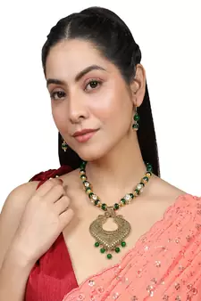 Contemporary Gold Plated Leaf Shaped Pendant and Earring Set studded with Beads for Girls and Women.