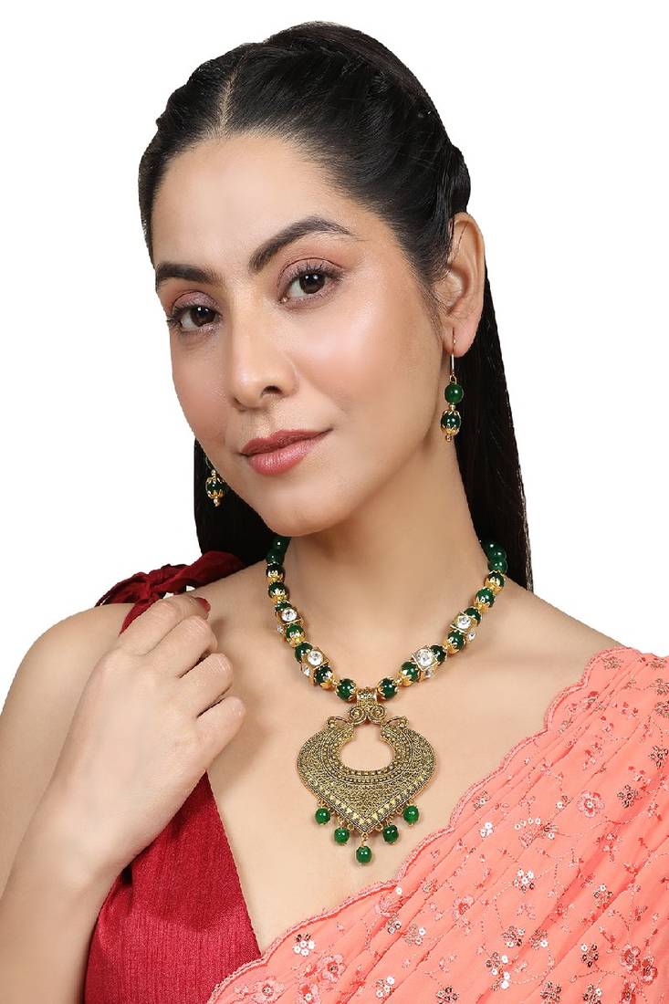 Contemporary Gold Plated Leaf Shaped Pendant and Earring Set studded with Beads for Girls and Women.