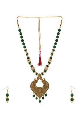 Contemporary Gold Plated Leaf Shaped Pendant and Earring Set studded with Beads for Girls and Women. 5