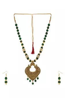 Contemporary Gold Plated Leaf Shaped Pendant and Earring Set studded with Beads for Girls and Women.