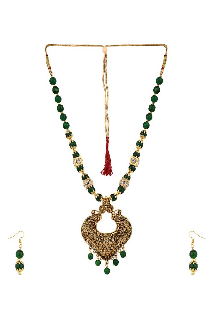 Contemporary Gold Plated Leaf Shaped Pendant and Earring Set studded with Beads for Girls and Women.