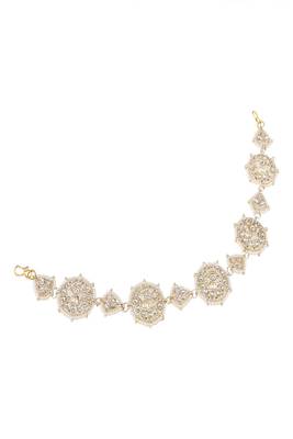 Ethnic Gold Plated Round Shaped White Colored Pearl and  Kundan Studded Matha Patti for Girls and Women 2