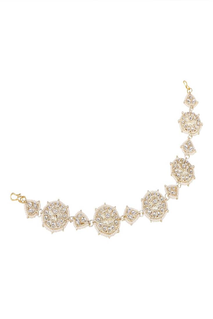 Ethnic Gold Plated Round Shaped White Colored Pearl and  Kundan Studded Matha Patti for Girls and Women