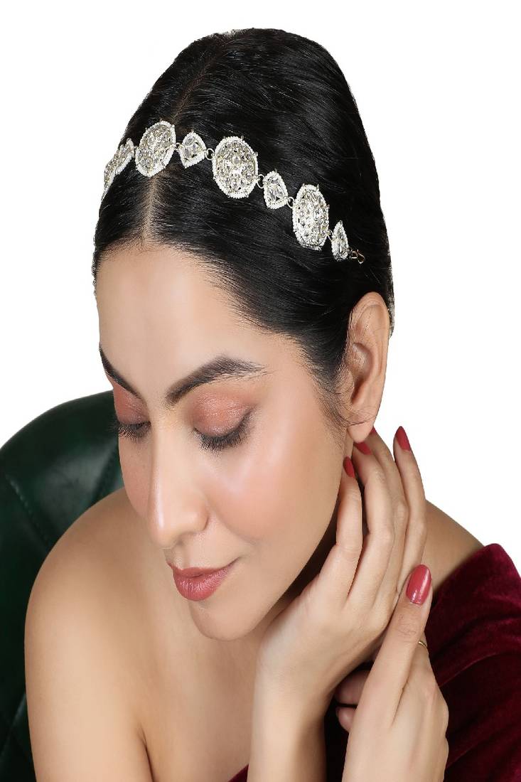 Ethnic Gold Plated Round Shaped White Colored Pearl and  Kundan Studded Matha Patti for Girls and Women