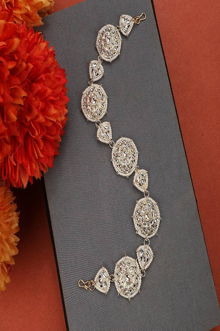 Ethnic Gold Plated Round Shaped White Colored Pearl and  Kundan Studded Matha Patti for Girls and Women