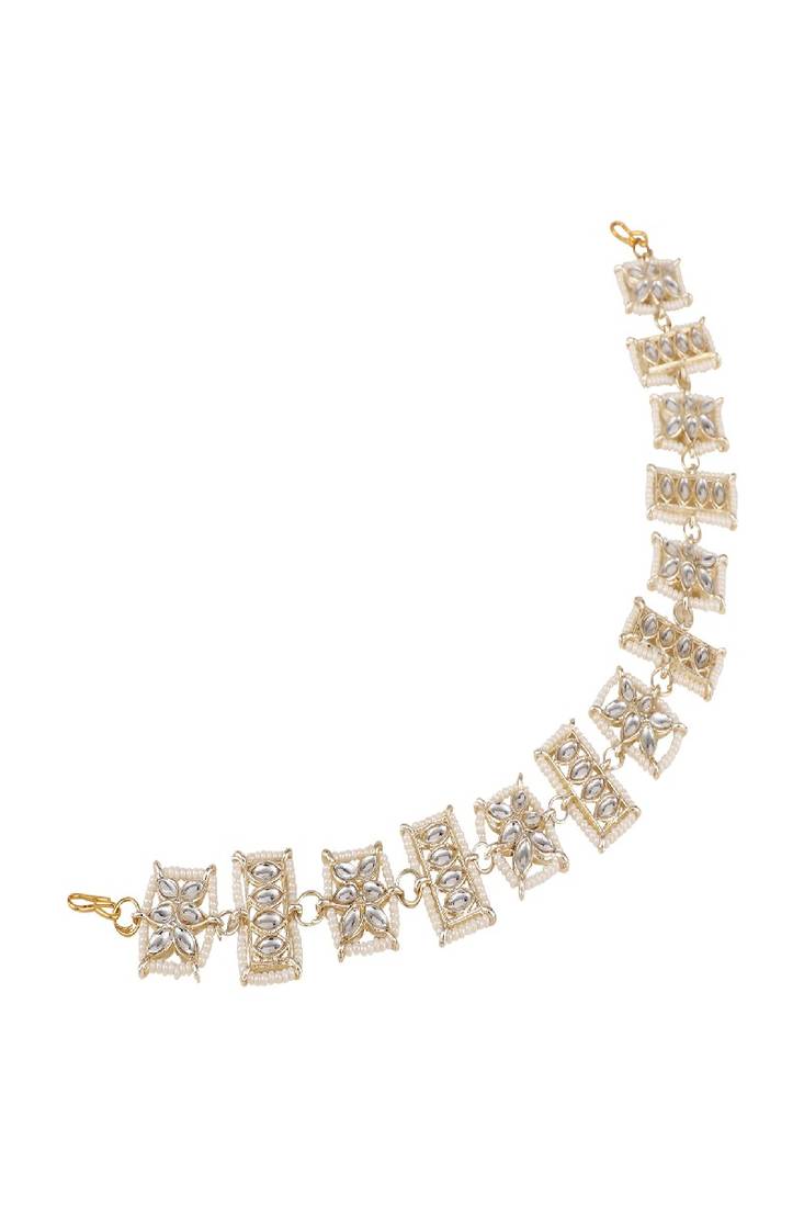 Traditional Gold Plated Square Shaped White colored Pearl and Kundan Studded Matha Patti for Girls and Women