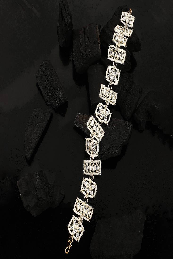 Traditional Gold Plated Square Shaped White colored Pearl and Kundan Studded Matha Patti for Girls and Women