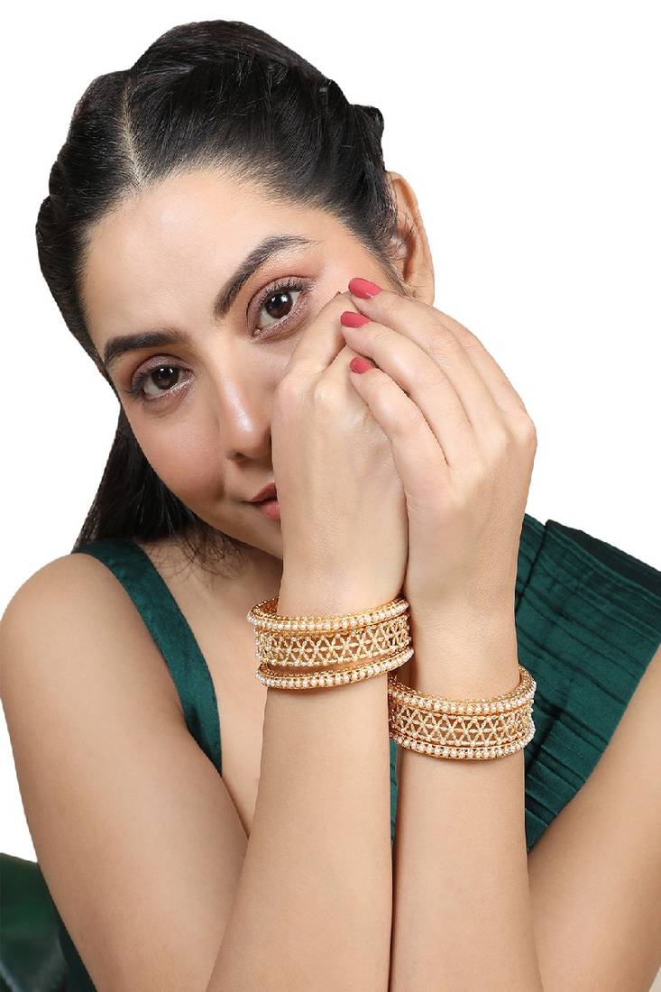 Traditional Gold Plated Pearl studded Bangle Set of 4 Bangles for Girls and Women
