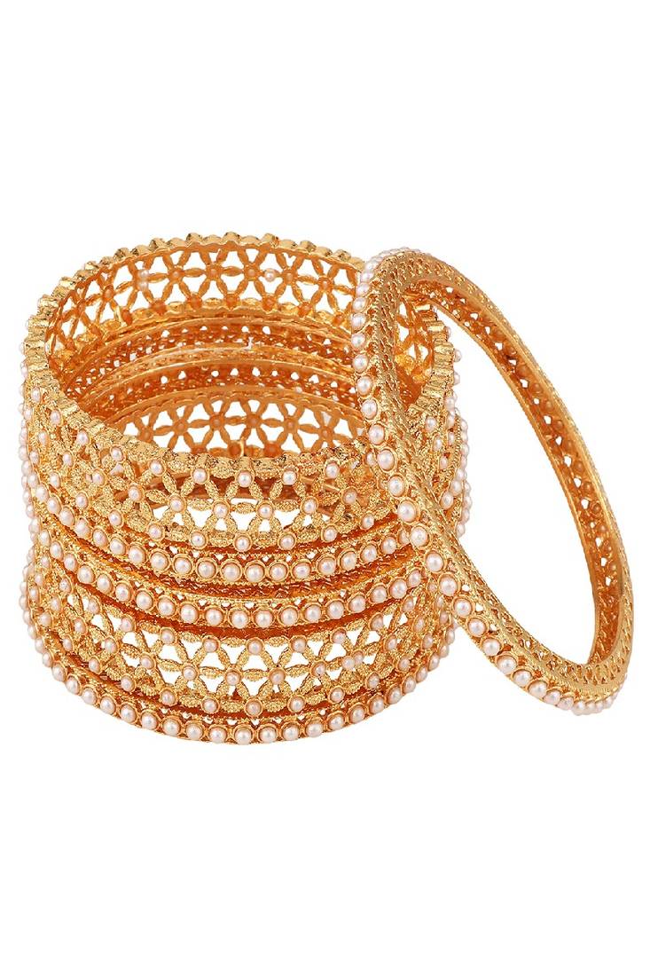 Traditional Gold Plated Pearl studded Bangle Set of 4 Bangles for Girls and Women