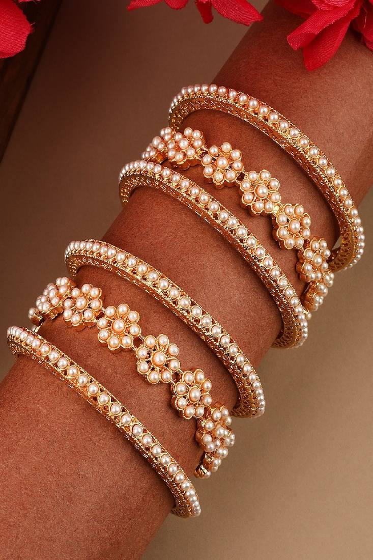 Ethnic Gold Plated Floral shaped Pearl studded Bangle Set of 4 Bangles for Girls and Women.