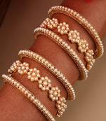 Ethnic Gold Plated Floral shaped Pearl studded Bangle Set of 4 Bangles for Girls and Women.